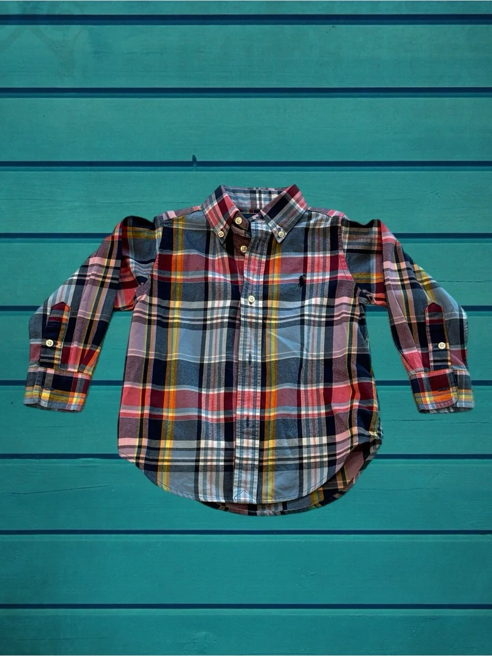 Ralph Lauren Toddler Boys Plaid Button Down Shirt 2T Pink Blue Cotton Pony